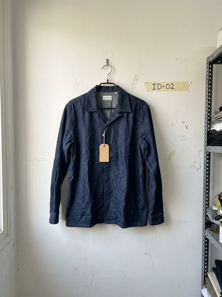 Navy overshirt sample hanging on the studio wall, labelled ID-02