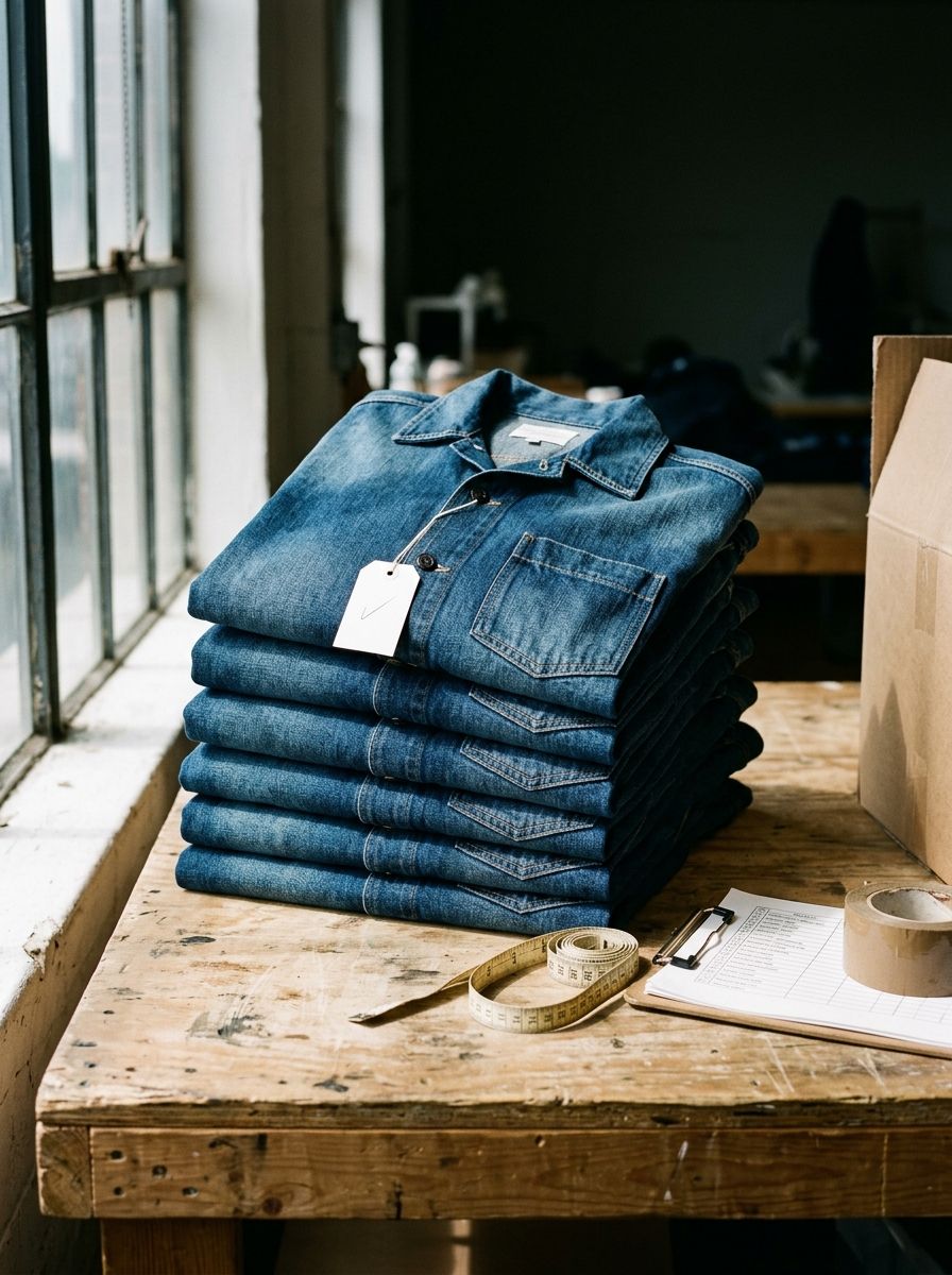 Stack of folded denim overshirts from the bulk run, tagged for packing