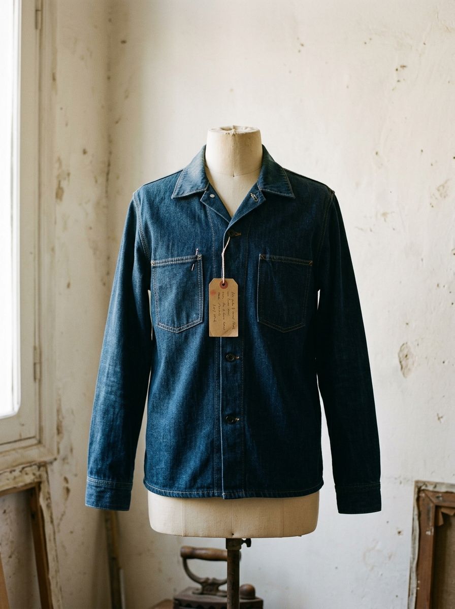Approved denim overshirt sample on a dress form, with its hang tag